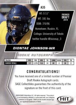 2019 SAGE HIT - Autographs Red #A35 Diontae Johnson Back
