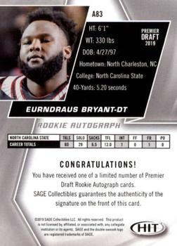 2019 SAGE HIT - Autographs Red #A83 Eurndraus Bryant Back