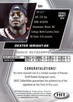 2019 SAGE HIT - Autographs Red #A84 Dexter Wright Back