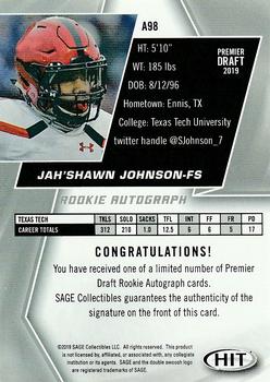 2019 SAGE HIT - Autographs Red #A98 Jah'Shawn Johnson Back