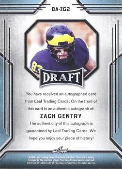 2019 Leaf Draft - Autographs #BA-ZG2 Zach Gentry Back