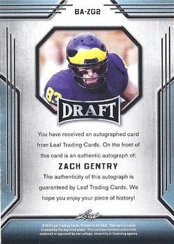 2019 Leaf Draft - Autographs Gold #BA-ZG2 Zach Gentry Back