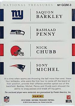 2018 Panini National Treasures - Rookie NFL Gear Quad Materials Laundry Tag NFL Shield #GQM-3 Sony Michel / Nick Chubb / Rashaad Penny / Saquon Barkley Back