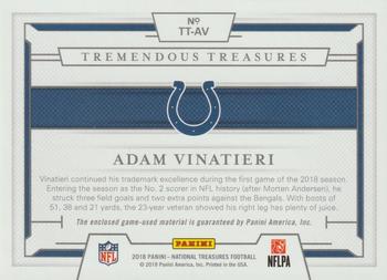 2018 Panini National Treasures - Tremendous Treasures #TT-AV Adam Vinatieri Back