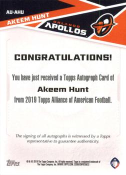 2019 Topps AAF - Autograph #AU-AHU Akeem Hunt Back
