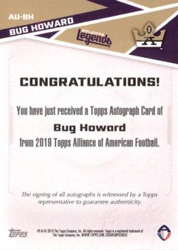 2019 Topps AAF - Autograph #AU-BH Bug Howard Back