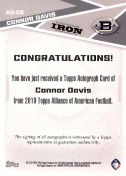 2019 Topps AAF - Autograph #AU-CD Connor Davis Back