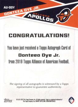 2019 Topps AAF - Autograph #AU-DDY Donteea Dye Jr. Back