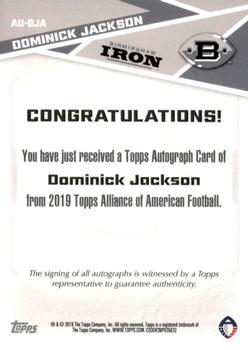 2019 Topps AAF - Autograph #AU-DJA Dominick Jackson Back