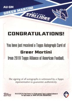 2019 Topps AAF - Autograph #AU-GM Greer Martini Back