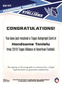 2019 Topps AAF - Autograph #AU-HT Handsome Tanielu Back