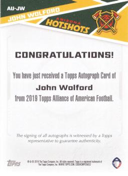 2019 Topps AAF - Autograph #AU-JW John Wolford Back