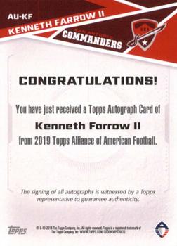 2019 Topps AAF - Autograph #AU-KF Kenneth Farrow II Back