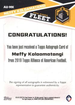 2019 Topps AAF - Autograph #AU-MK Meffy Koloamatangi Back