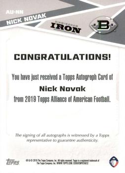 2019 Topps AAF - Autograph #AU-NN Nick Novak Back