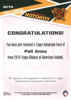 2019 Topps AAF - Autograph #AU-PA Peli Anau Back