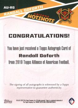 2019 Topps AAF - Autograph #AU-RG Randall Goforth Back