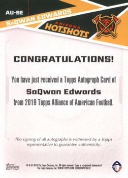 2019 Topps AAF - Autograph #AU-SE SaQwan Edwards Back
