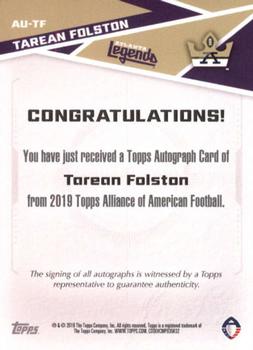 2019 Topps AAF - Autograph #AU-TF Tarean Folston Back