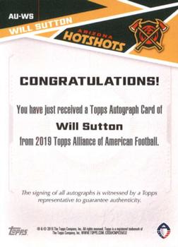2019 Topps AAF - Autograph #AU-WS Will Sutton Back