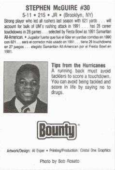 1991 Bounty Miami Hurricanes #NNO Stephen McGuire Back