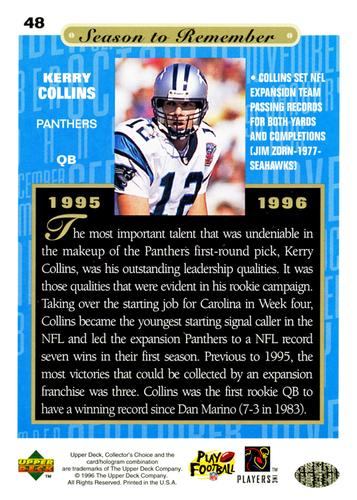 1996 Collector's Choice Season to Remember Blow-ups #48 Kerry Collins Back