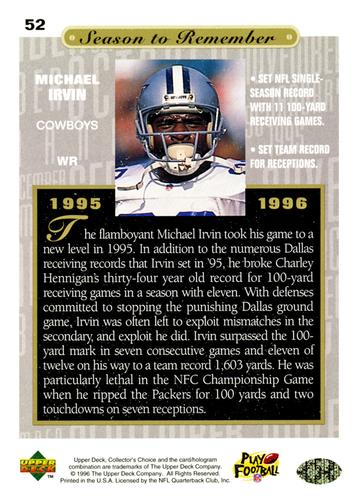 1996 Collector's Choice Season to Remember Blow-ups #52 Michael Irvin Back