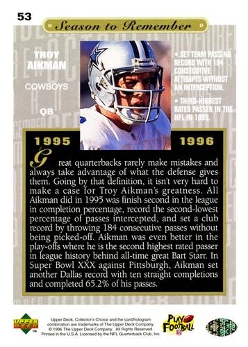 1996 Collector's Choice Season to Remember Blow-ups #53 Troy Aikman Back