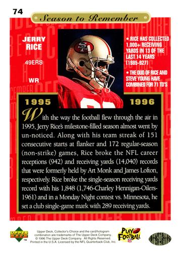 1996 Collector's Choice Season to Remember Blow-ups #74 Jerry Rice Back