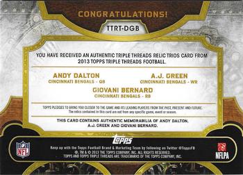 2013 Topps Triple Threads - Relics Trios #TTRT-DGB Giovani Bernard / Andy Dalton / A.J. Green Back