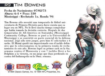1995 Classic NFL Experience - Rookies Spanish #R9 Tim Bowens Back