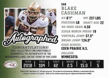2019 SAGE Autographed #SA8 Blake Cashman Back