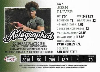 2019 SAGE Autographed #SA27 Josh Oliver Back