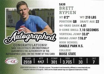 2019 SAGE Autographed #SA30 Brett Rypien Back