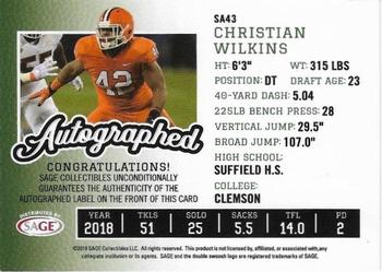 2019 SAGE Autographed #SA43 Christian Wilkins Back
