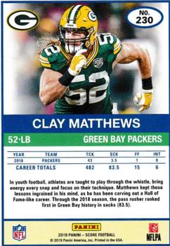 2019 Score - Scorecard #230 Clay Matthews Back