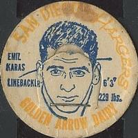 1962 Golden Arrow Dairy San Diego Chargers Caps #NNO Emil Karas Front