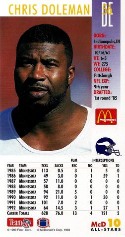 1993 GameDay McDonald's All Stars #10 Chris Doleman Back