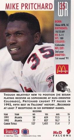 1993 GameDay McDonald's Atlanta Falcons #9 Mike Pritchard Back