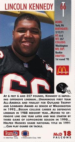 1993 GameDay McDonald's Atlanta Falcons #18 Lincoln Kennedy Back