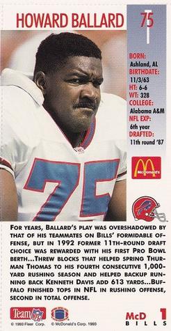 1993 GameDay McDonald's Buffalo Bills #1 Howard Ballard Back