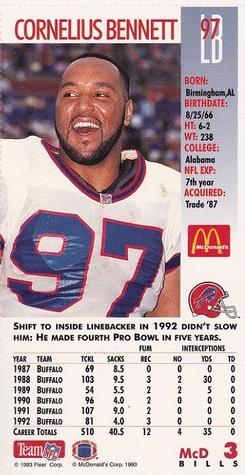 1993 GameDay McDonald's Buffalo Bills #3 Cornelius Bennett Back