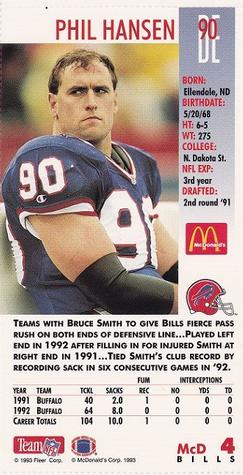 1993 GameDay McDonald's Buffalo Bills #4 Phil Hansen Back