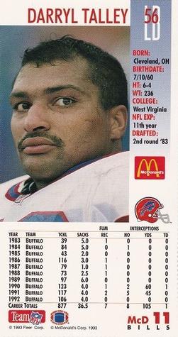 1993 GameDay McDonald's Buffalo Bills #11 Darryl Talley Back