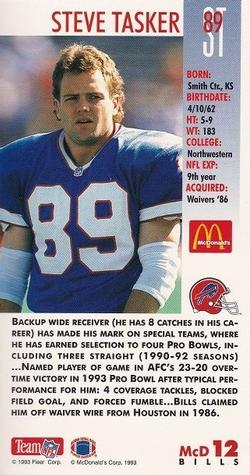 1993 GameDay McDonald's Buffalo Bills #12 Steve Tasker Back