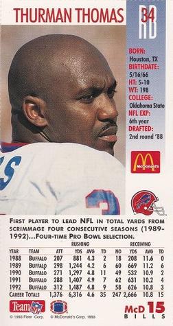 1993 GameDay McDonald's Buffalo Bills #15 Thurman Thomas Back