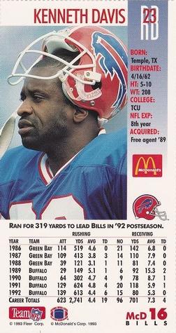 1993 GameDay McDonald's Buffalo Bills #16 Kenneth Davis Back