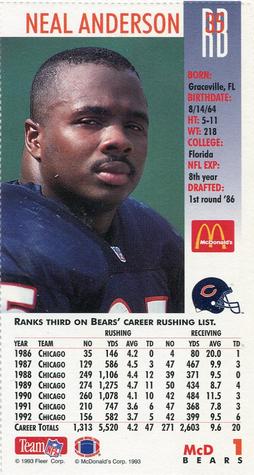 1993 GameDay McDonald's Chicago Bears #1 Neal Anderson Back