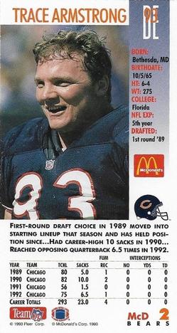 1993 GameDay McDonald's Chicago Bears #2 Trace Armstrong Back
