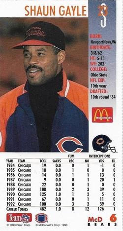 1993 GameDay McDonald's Chicago Bears #6 Shaun Gayle Back